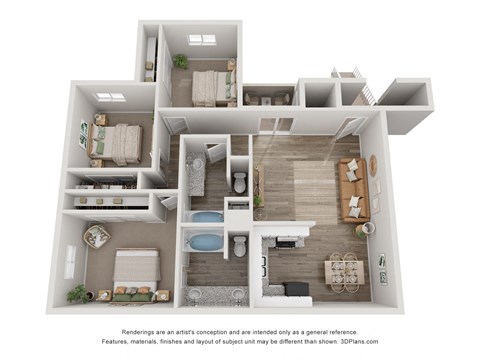 Floor plan for 3 beds, 2 baths, 1114 sqft